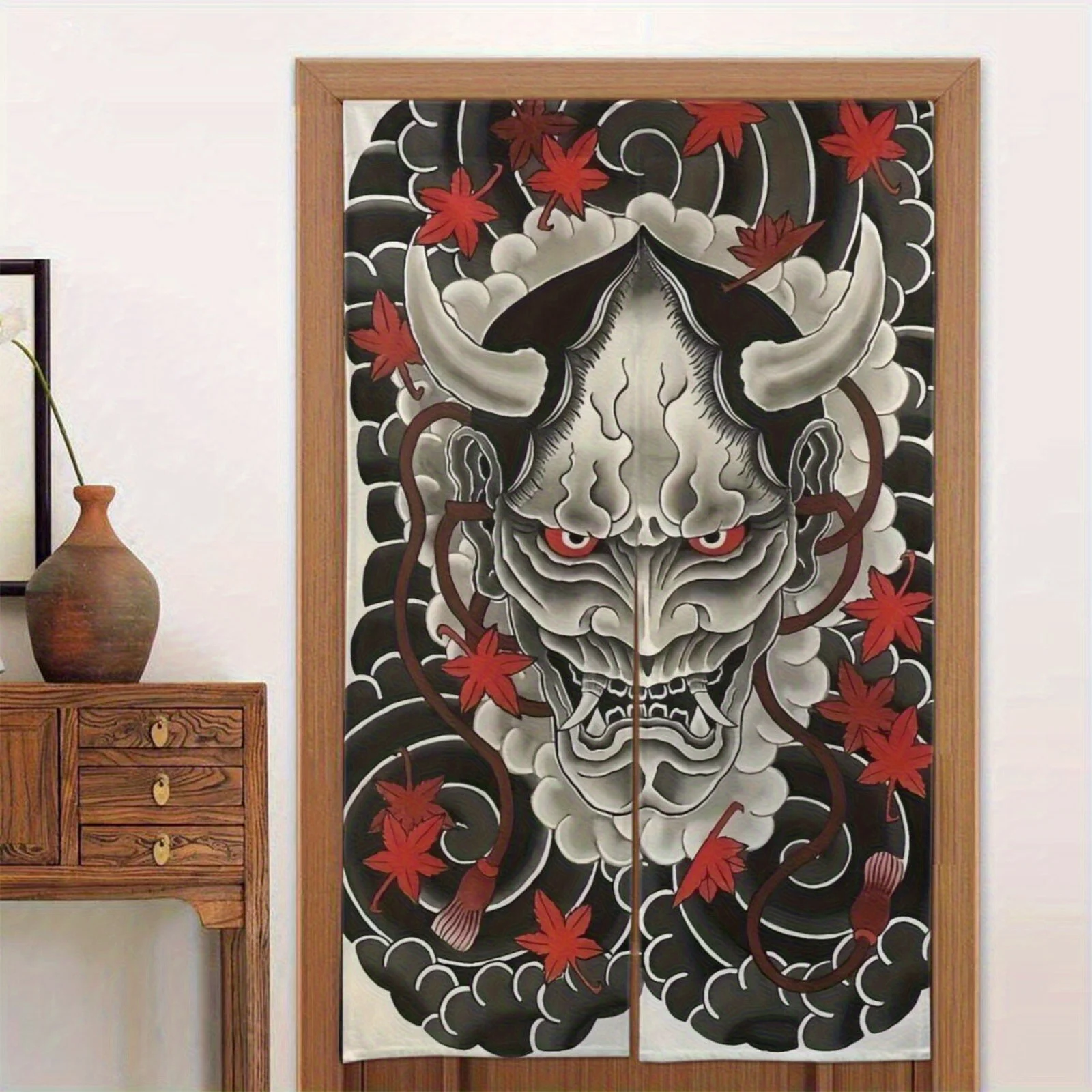 1 máscara de fantasma japonesa y cortina de puerta con diseño de flores rojas, decoración moderna del hogar, adecuada para dormitorio, porche, cocina, etc.