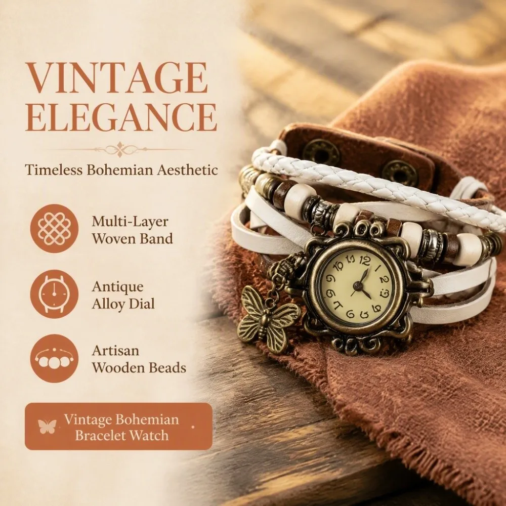 Vintage Bracelet Watch PU Leather Quartz Movement Wrap Bracelet Watch Leather Wrapped Butterfly Charm Quartz Watch