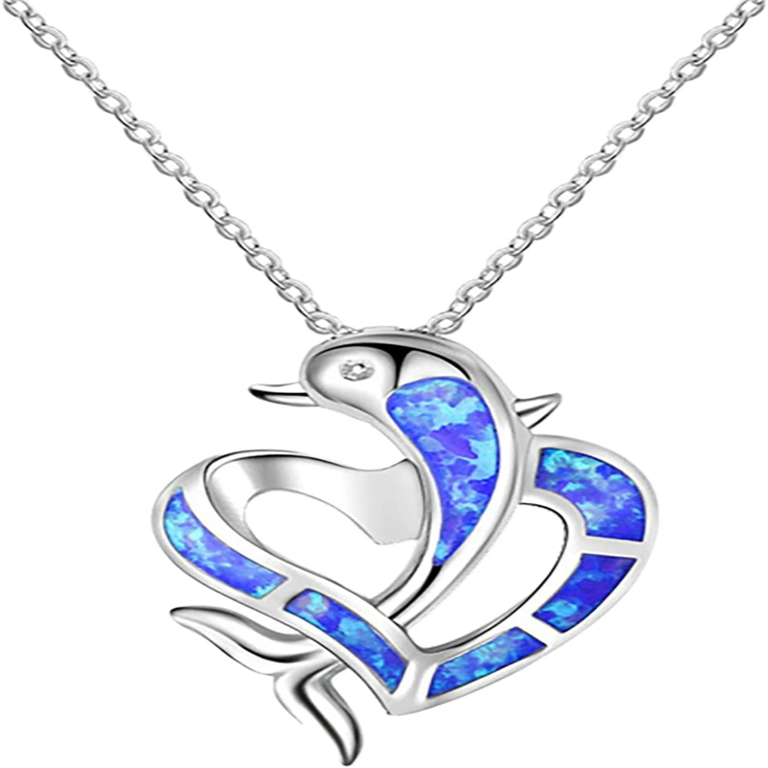 Elegant and stunning silver rectangular opal dolphin pendant necklace - a graceful and beautiful addition to any womans fashion