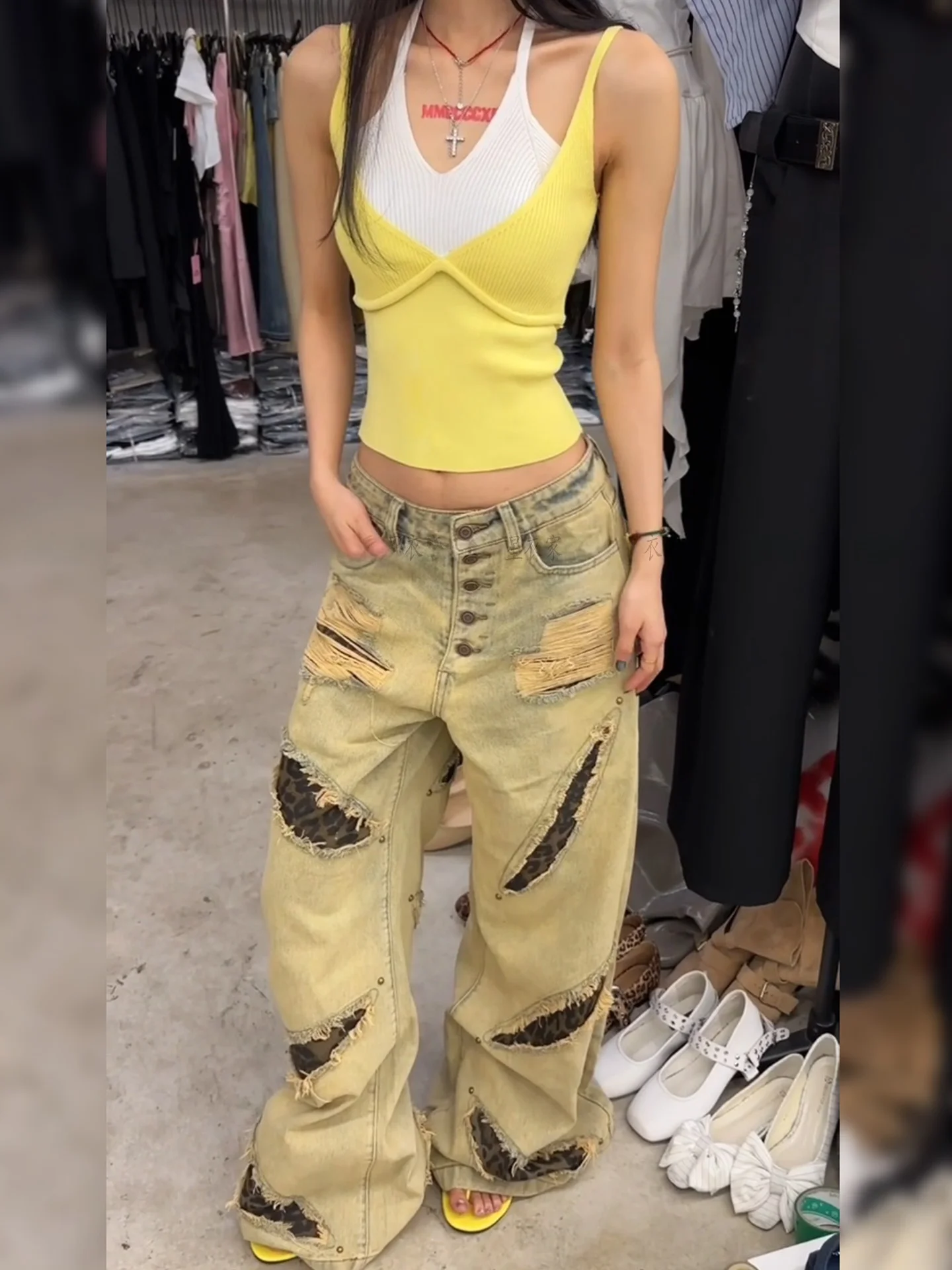 

Ретро-джинсы в американском стиле для женщин: летние, новые, с леопардовым принтом, свободные, с кружевными вставками и прорезями, длинные брюки с высокой талией и широкими штанинами