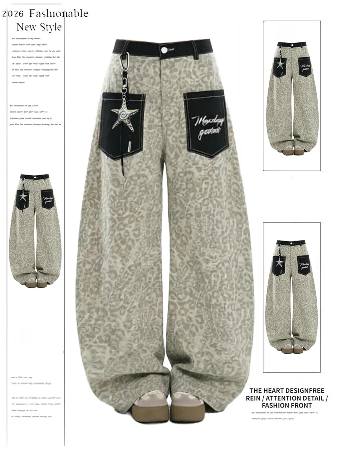 Women's Khaki Y2k Leopard Jeans Vintage Hiphop Grunge Boyfriend style Jeans Pants Baggy Wide Leg Denim Pants Alternative Clothes