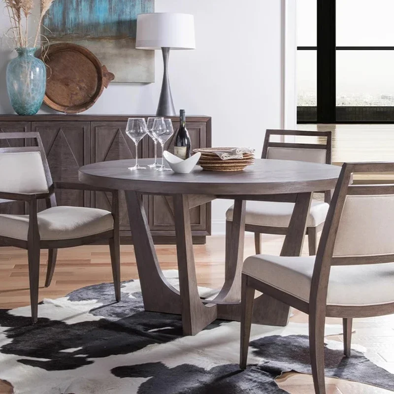 American solid wood dining table dining chair combination living room oak retro round dining table home six tables