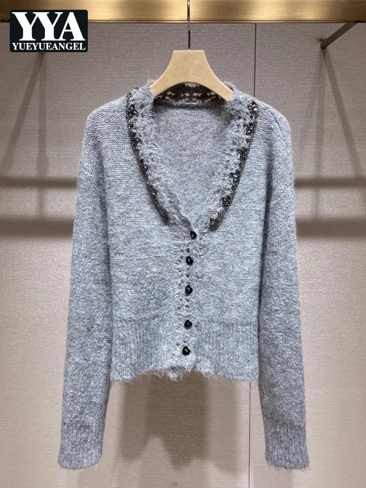 

Женский осенне-зимний вязаный свитер с бриллиантовым v-образным вырезом, кардиган, куртка с длинными рукавами, трикотаж, топ, однобортное повседневное пальто, Лидер продаж