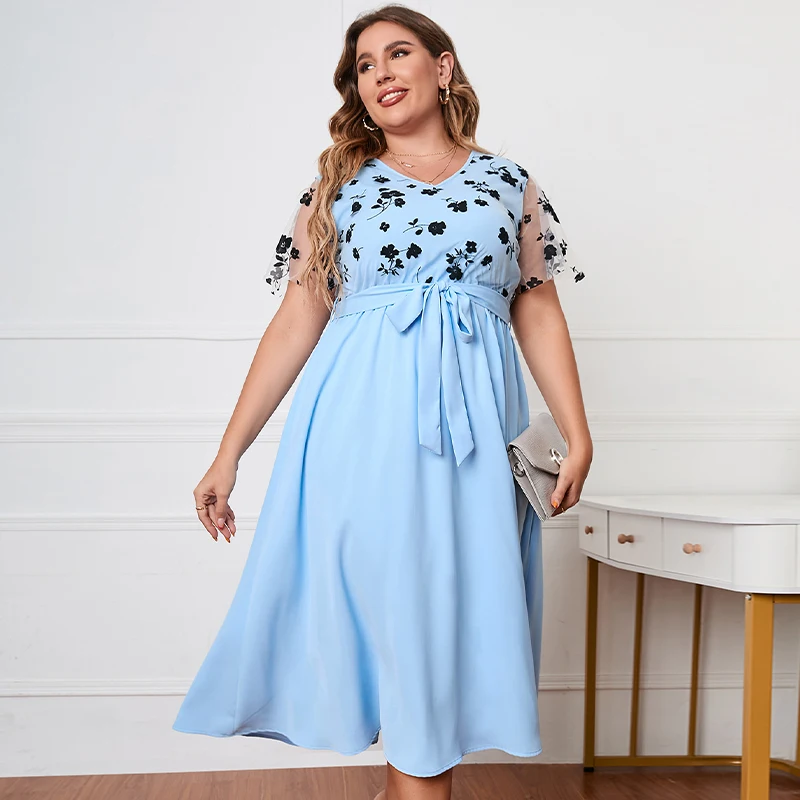 KEBY ZJ 3XL 4XL Plus Size Women Clothing Lace Short Sleeve Long Dress Summer V-Neck Belt Blue Floral Print Lady Big Size Dresses