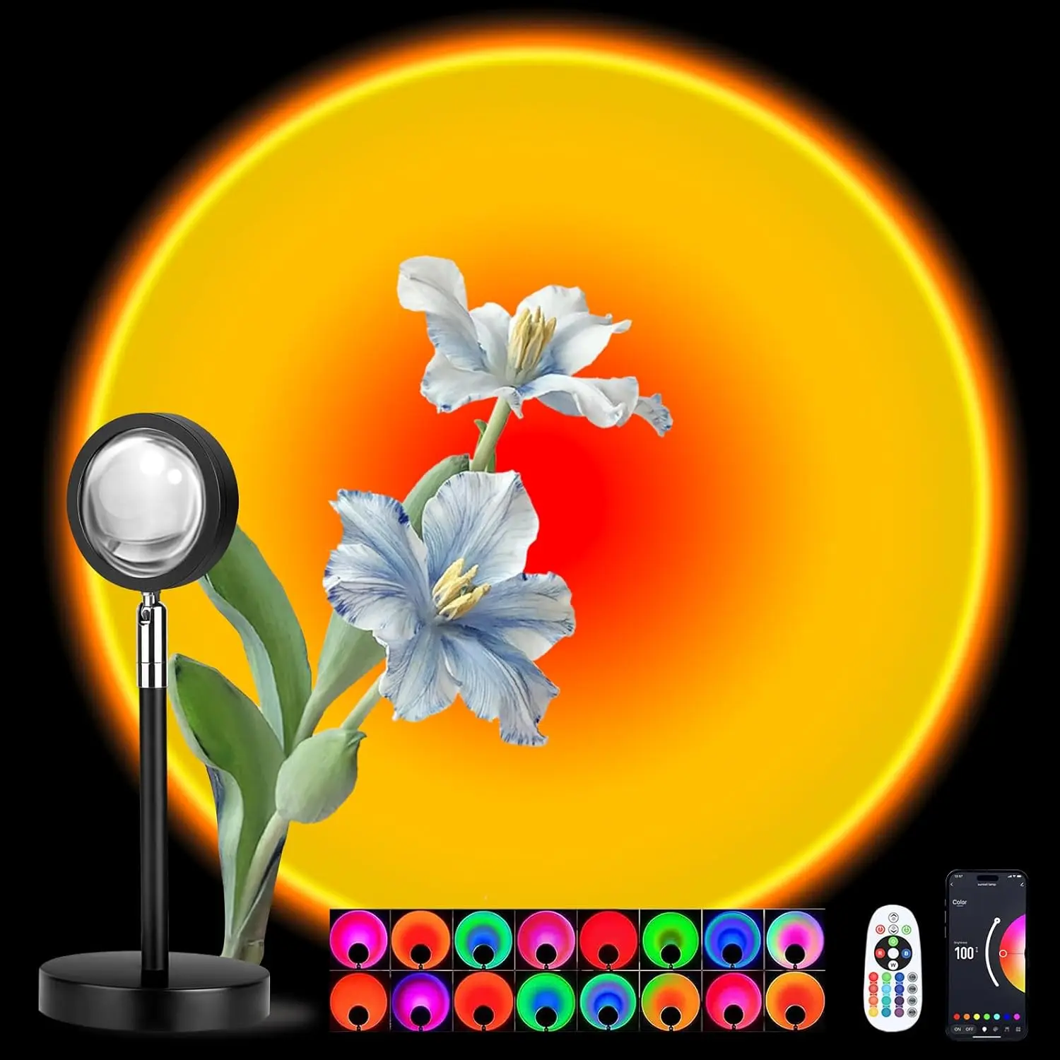 

Multi-Color Sunset Lamp Projector, Dimmable, Music Sync, Timer, Remote & App Control, USB Powered