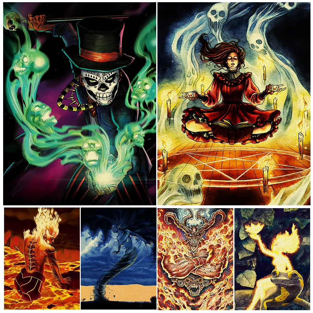 Grim Reaper,Succubus,Witches And Natural Elementals Vintage Wall Art Witchcraft And Magic Element Art Poster And Print Decor