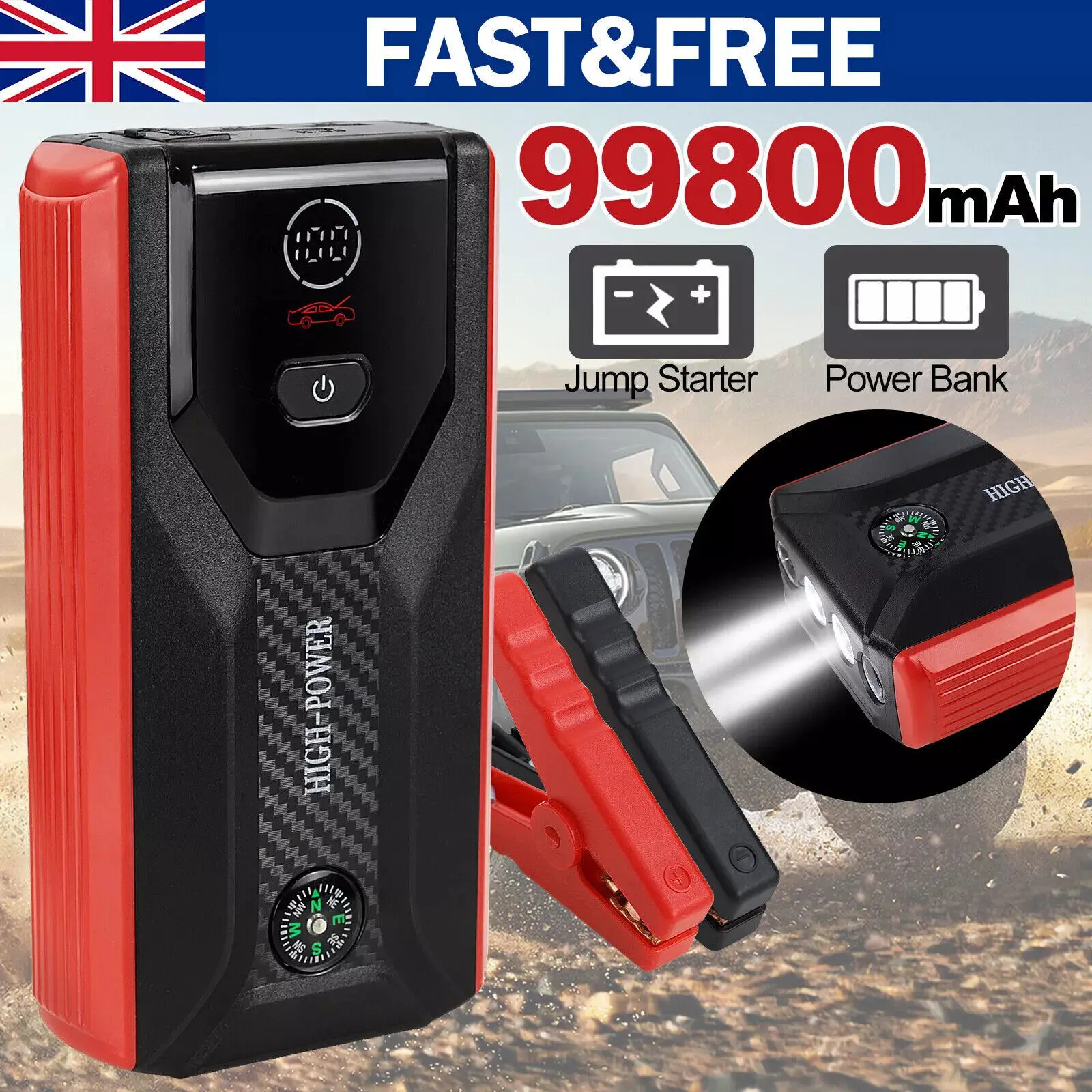 99800mAh Car Jump Starter Pack Booster Battery Charger Emergency Power Digital