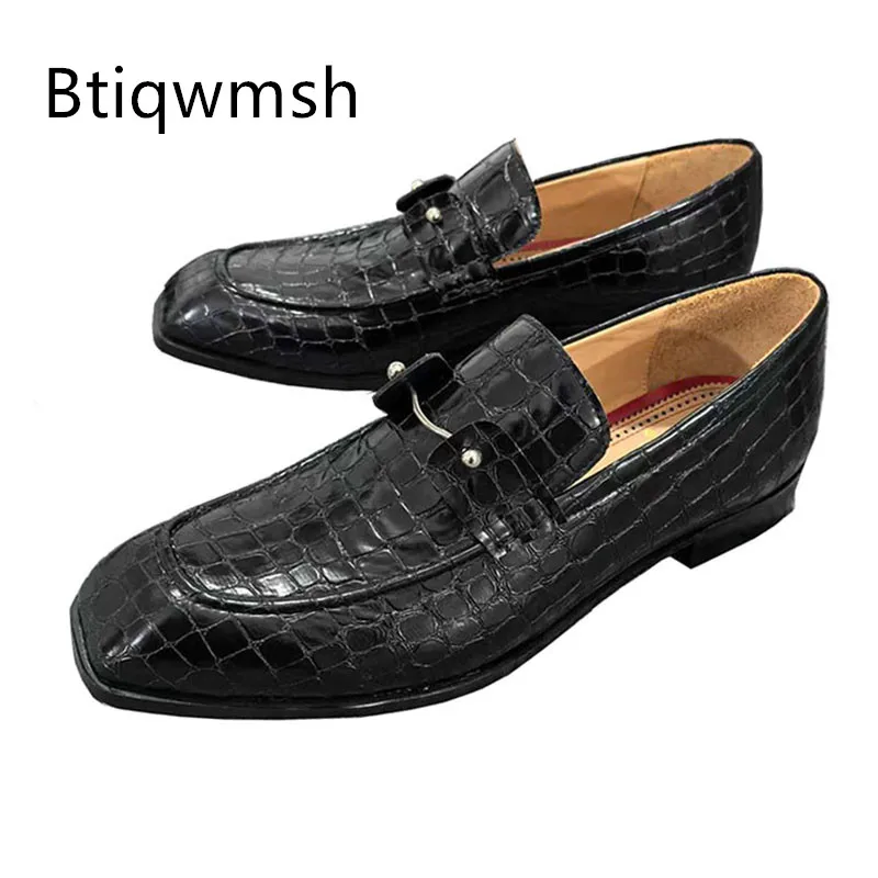 Silver Decor Shoes Man Square Toe Black Stone Leather Slip On Flats Male Fashion Wedding Shoes