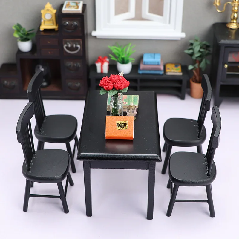 1:12 Poppenhuis Restaurant Micro-scène Model Speelgoed Miniatuur Eettafel Voedsel Spelen Zwarte Eetkamerstoel Set Poppenhuis Accessoires