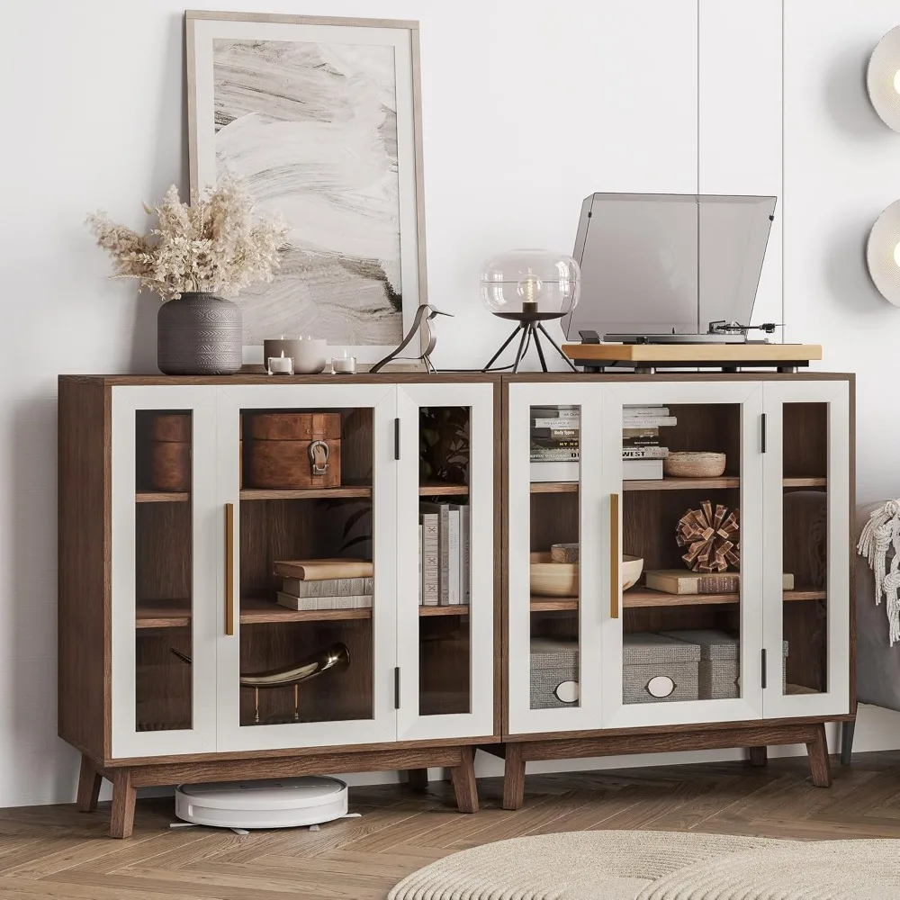 2-piece Set Meal Cabinet 31 Inch Buffet Cabinet with 3 Shelves and Glass Display Door, Food Storage Room