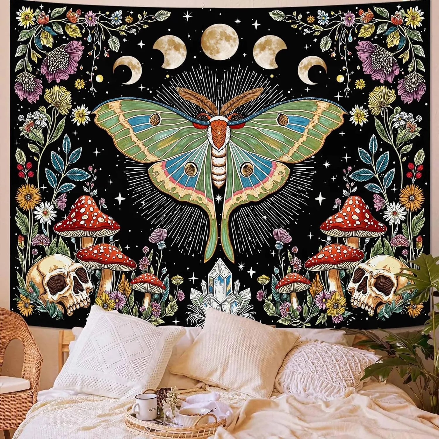 Sun and Moon Tapestry Used for Bedroom Hippies Bohemian Flower Plant Wall Tapestry Aesthetic Retro Galaxy Star Spirit Large Tape