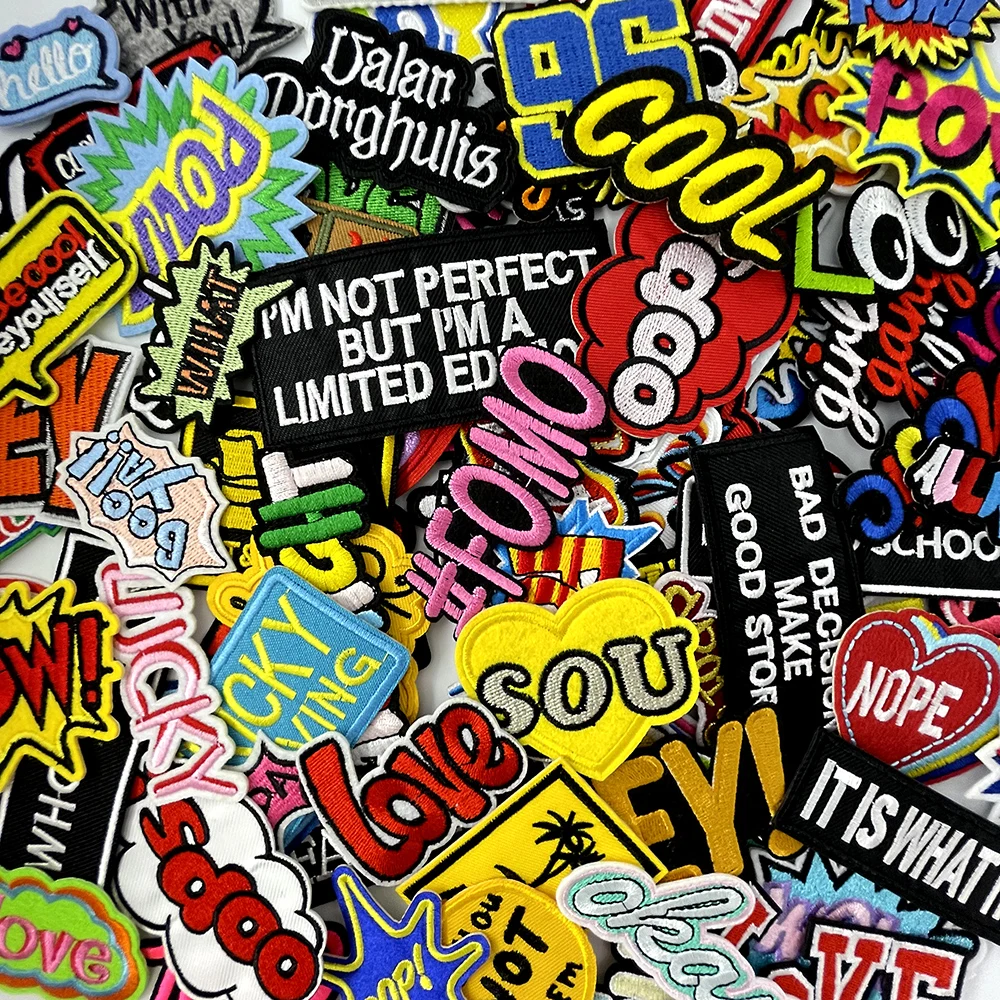 100pcs Random Mix Iron on Patches for Clothes Fabric Appliques Decoration Apparel Colorfast COOL LOVE OOPS  Patch for Clothing