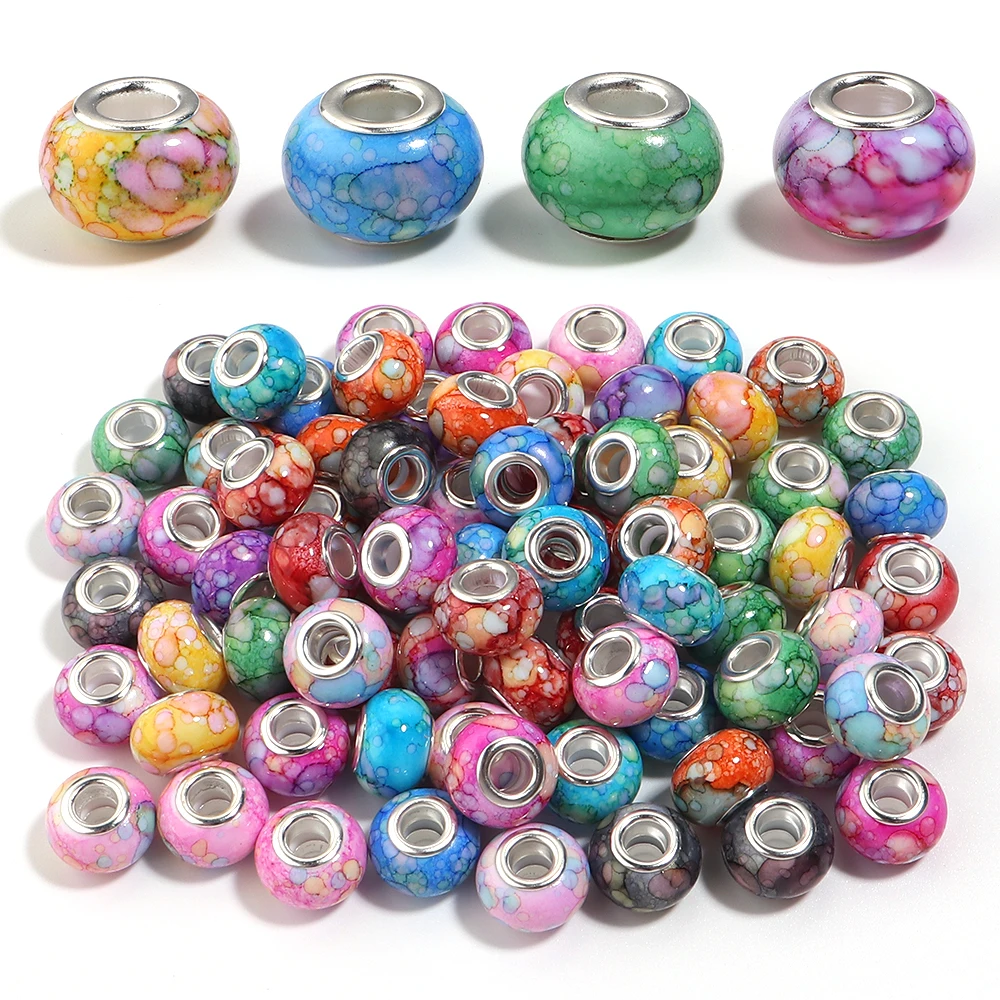 20 Stück 14 x 9 mm Tintengewaschene, bemalte Acrylperlen, bunt, großes Loch, lose, flache, runde Perlen für DIY-Handwerk, Armband, Halskette, Schmuck