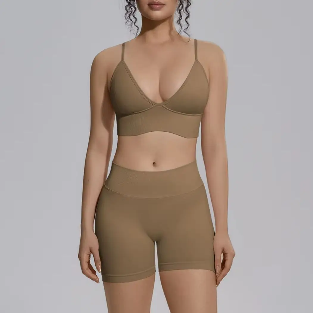 

Women 2 PCS Seamless Yoga Set Spaghetti Strap Sports Bra High Waist Butt Lifting V Back Biker Shorts Workout Fitness Tracksuit