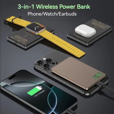 3 In 1 Magnetic Wireless Power Bank Protable External Battery 15W Fast Charing for iPhone 12-16 Pro Huawei Xiaomi iWatch Airpods