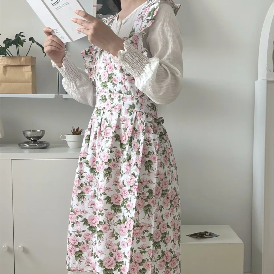 Romantic Rose Print Apron With Ruffle Edge Tie Handmade Floral Work Clothes Women's Home Cleaning Apron