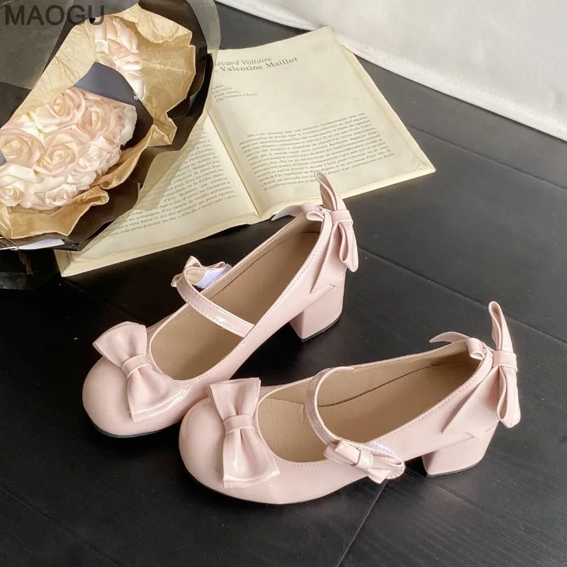 Cute Round Toe Women's Mary Jane Shoes Pu Leather Pink Bow-knot Chunky Heel Lolita Shoes Lovely Girls Mid-heel Fashion Pumps view 5