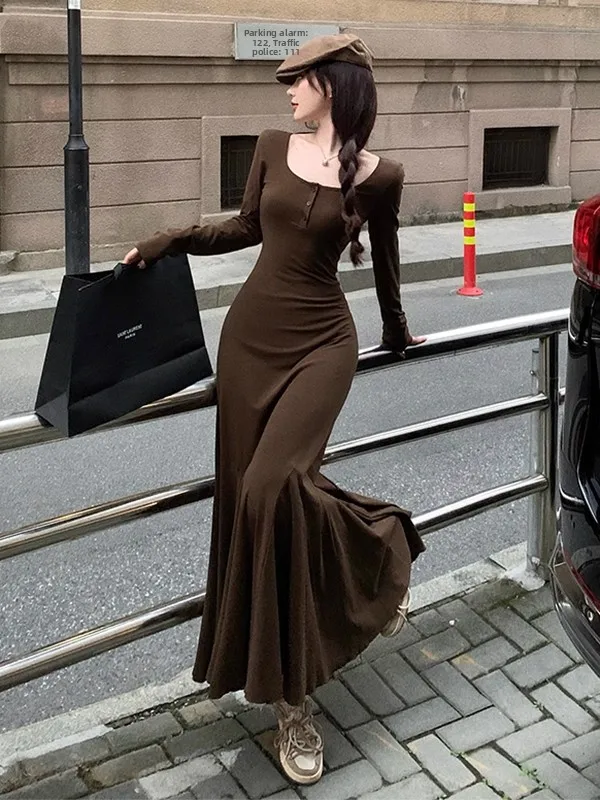 Retro Lange Sve A-lijn Fi Staart Dr Dames Innerlijke Slijtage Afslanken Lange Dr Lente Herfst Hoge Taille Pure Kleur Casual Fit