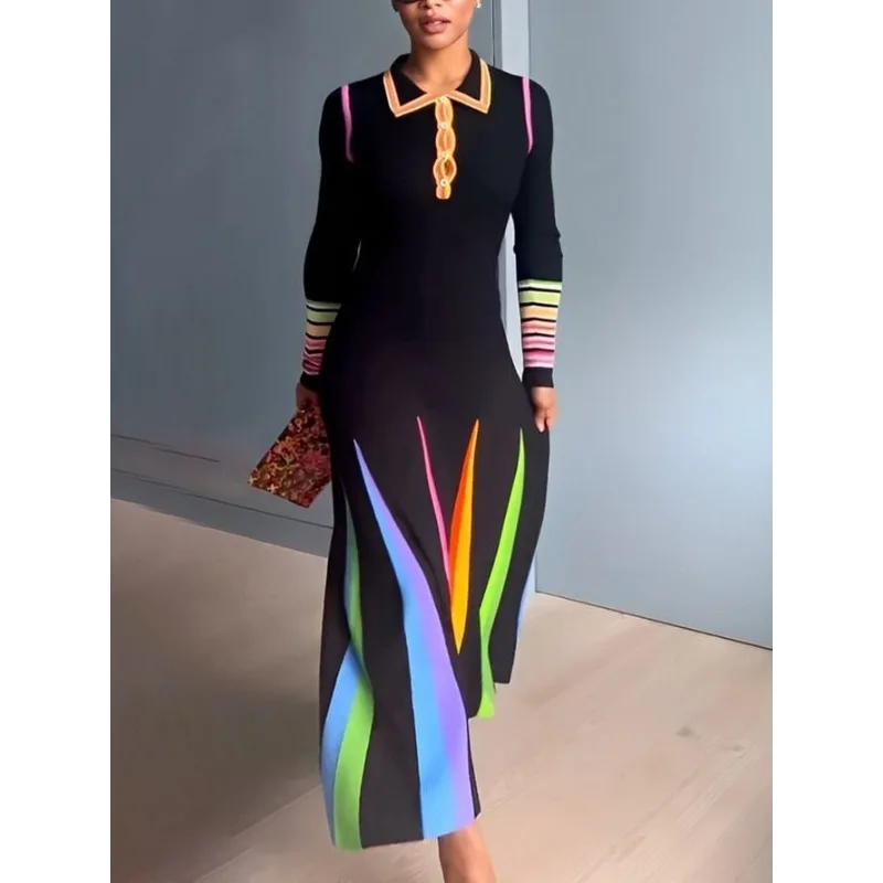 Women's Autumn Spring Long Dress Long Sleeves Fitted Color-Blocking Style Minimalist Comfortable Casual Fashionable Niche Trendy