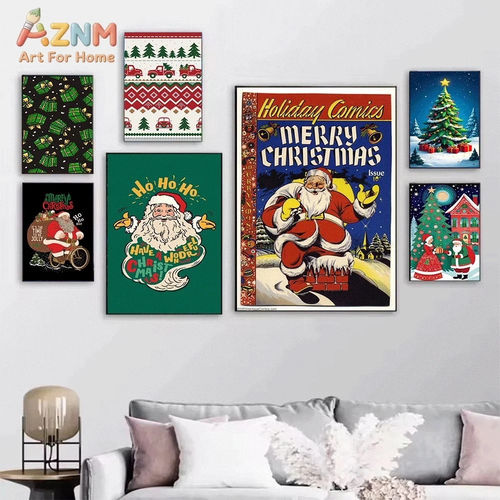 Santa Claus Sleigh Reindeer Moon Night Starry Sky Christmas Canvas Wall Art Print Poster Unframed Canvas Painting Home Living