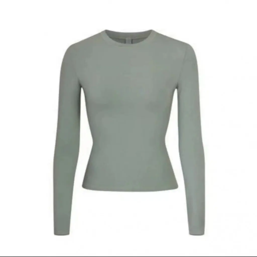 

Slim-Fit Long-Sleeve T-Shirt Style Base Layer Waist-Cinching round Neck Slimming Solid Color Top for Women