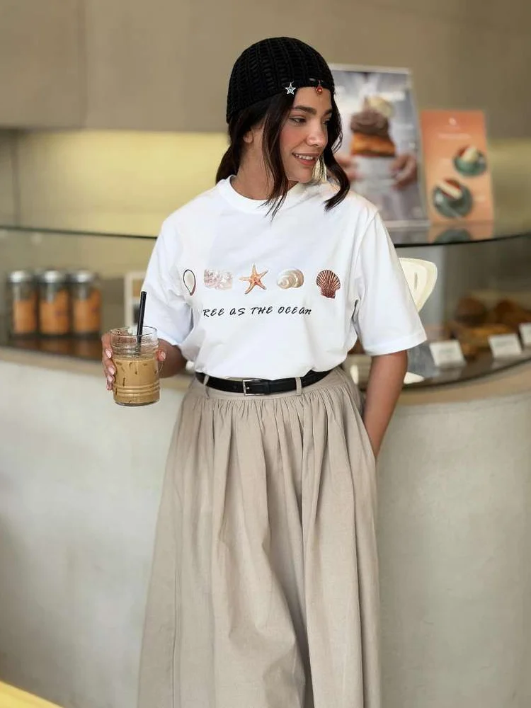 Retro American Summer Ocean Style T-Shirt Women's Loose Short Sleeve Starfish  Print Trendy Cotton round Neck Top