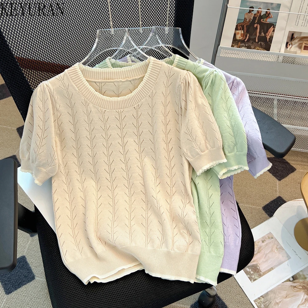 2024 Summer Hollow Out Sweater Women\'s Pullover Vintage Korean Fashion O-Neck Short Sleeve Loose Ice Silk Knitted Tops Jumper