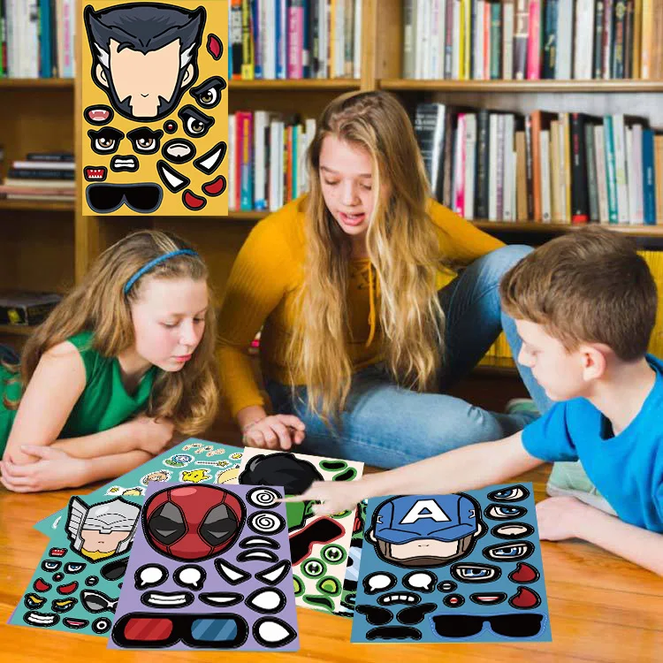 8 lembar Disney Marvel Super Hero DIY stiker Puzzle membuat wajah lucu kartun Decals merakit Jigsaw anak-anak hadiah mainan anak laki-laki