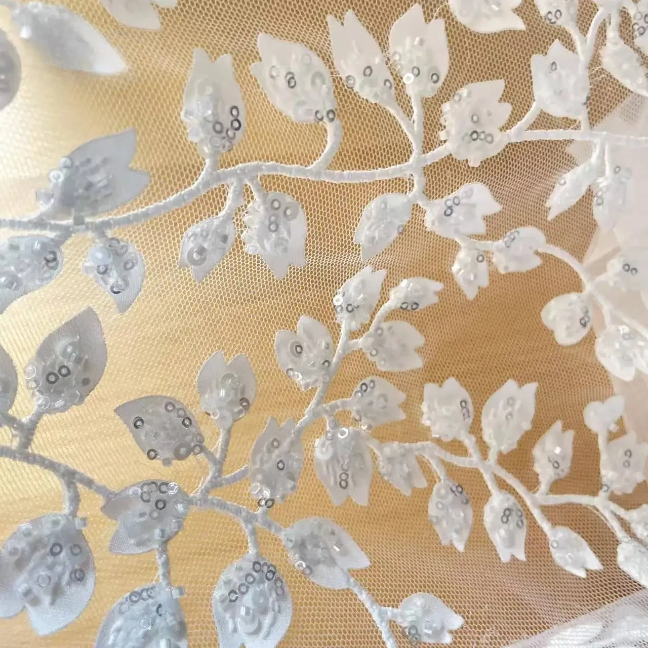

New Selected European Style Flower Leaf Embroidery Lace Fabric, 3D Chiffon Decal Bead Sequin Fabric, DIY Wedding Headwear