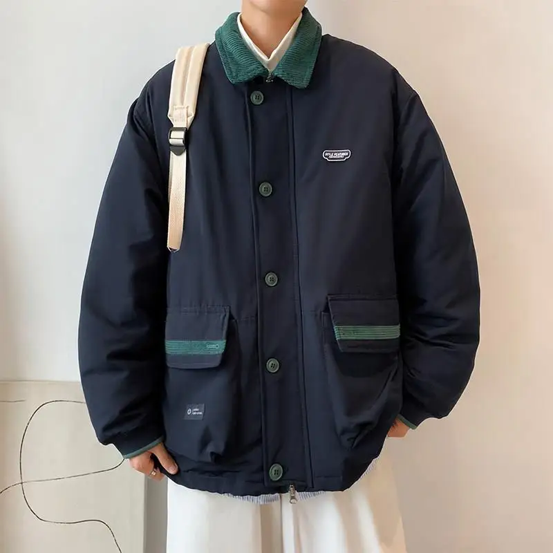 

Japanese Style Retro Contrast Color Collar Thickened Cotton Jacket Men's Loose Casual Fashion Brand Leisure Work Cotton Coat