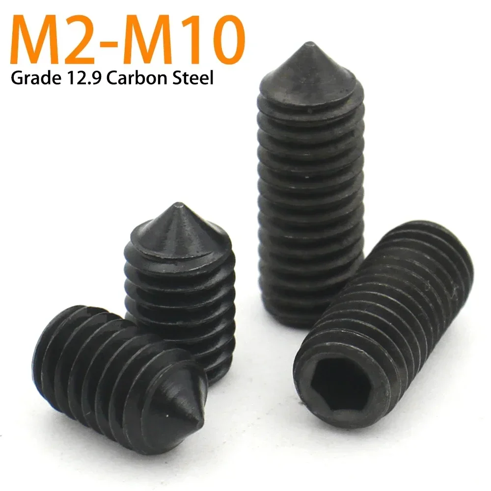 

10pcs M2.5 M3 M4 M5 M6 M8 M10 DIN914 Grade 12.9 Black Carbon Steel Hex Socket Hexagon Cone Point Grub Set Screw Bolt Tapered End