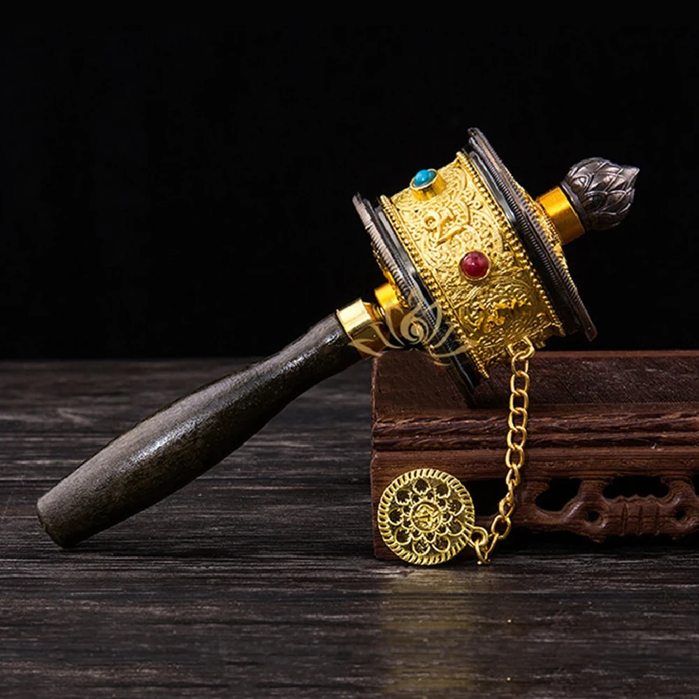 Tibetan Hand Cranked Prayer Wheel Six Character Mantra Noiseless Rotation Detachable Wooden Handle with Beads Portable
