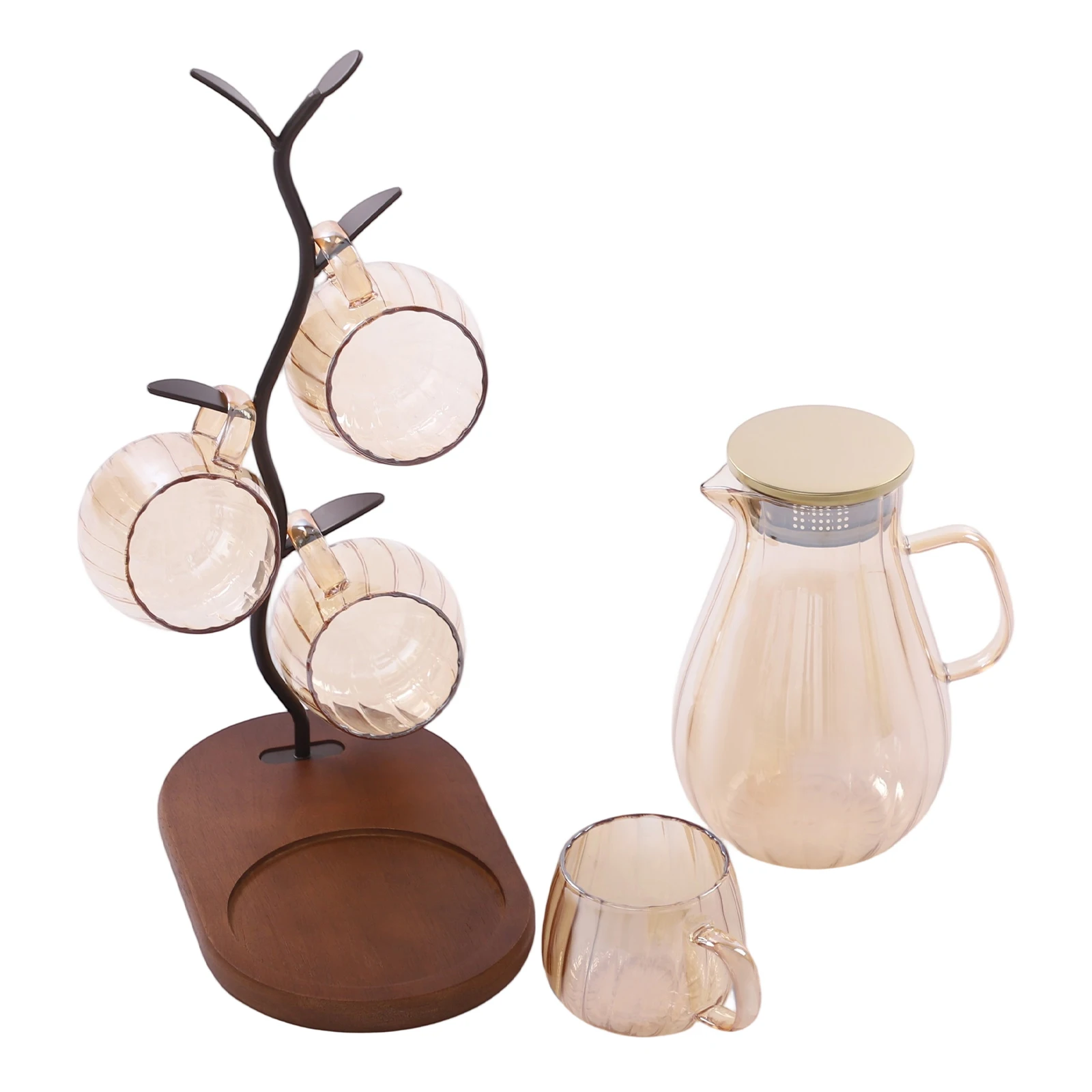 Entertainment Water Station 1500ml Borosilicate Set W/ 4 Cups & Display Rack -20°C~250°C for Dinner Party/Office Amber Finish