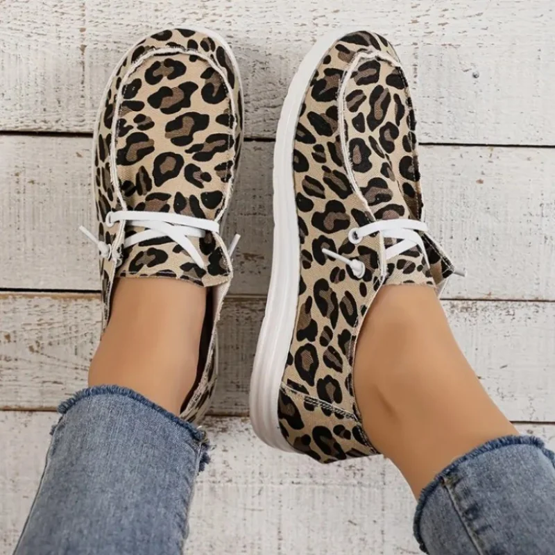 Female Shoes on Sale 2023 New Round Head Women\'s Flats Outdoor Casual Flats Women Leopard Lace Up Flat with Ladies Shoes Zapatos