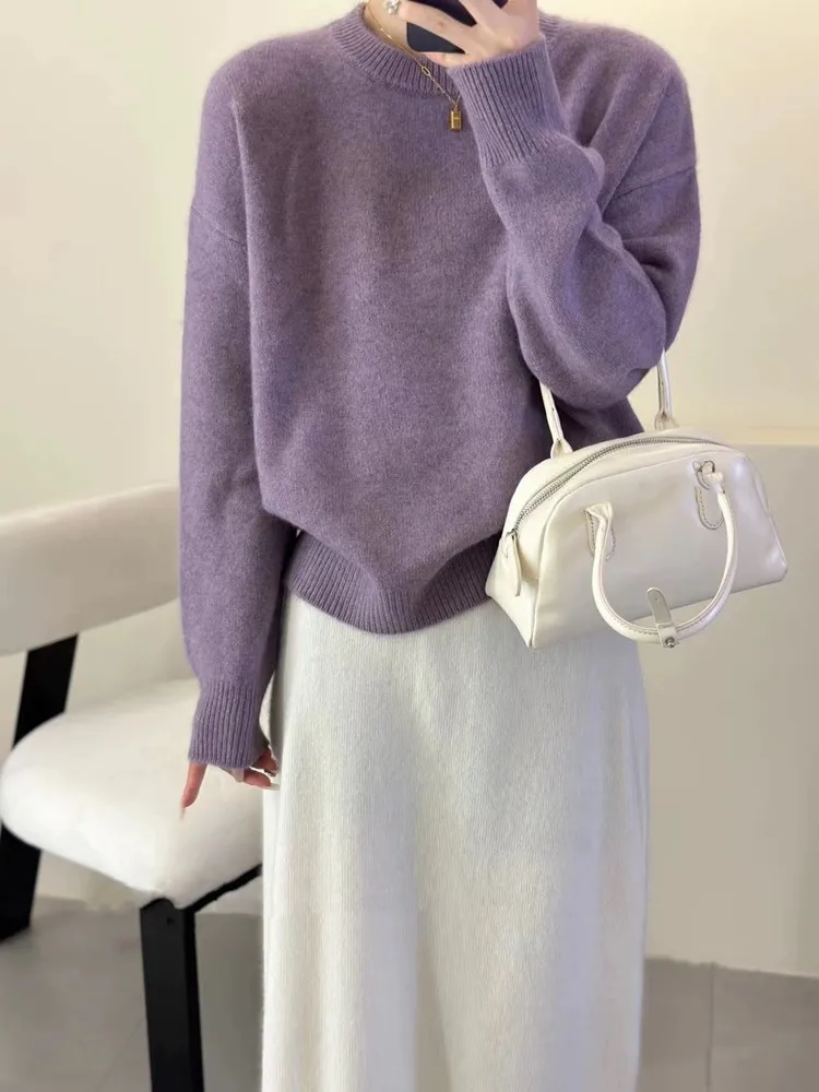 2023 Korean Autumn/Winter Thicken Loose Cashmere Sweater Women\'s Round Neck Pullover 100% Pure Wool Knit Sweater Soft Top Female