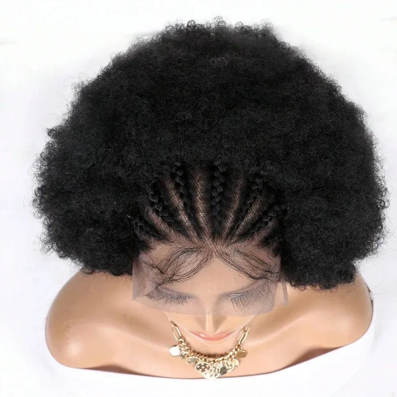 아프로 가발 13x4 레이스 브레이드 짧은 곱슬 가발 여성용 투명 레이스 프론탈 패션 합성 브레이드 고품질 가발 데일리