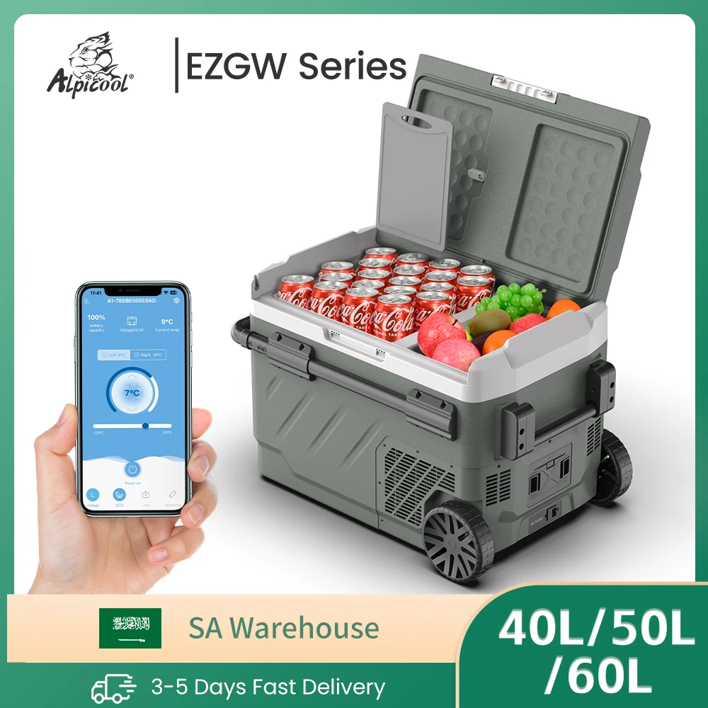 Alpicool EZGW 40L 50L 60L Car Refrigerator 12V Compressor Fridge Freezer Dual Zone with Wheel Portable Cooler for Camping BBQ