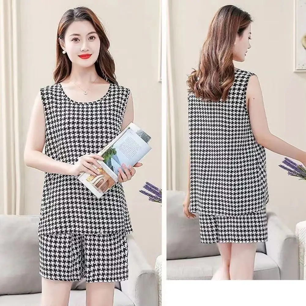 

Домашняя одежда, милый женский пижамный комплект, решетчатая пижама без рукавов с цветочным принтом и круглым вырезом, милая двухсекционная ночная рубашка для девочек