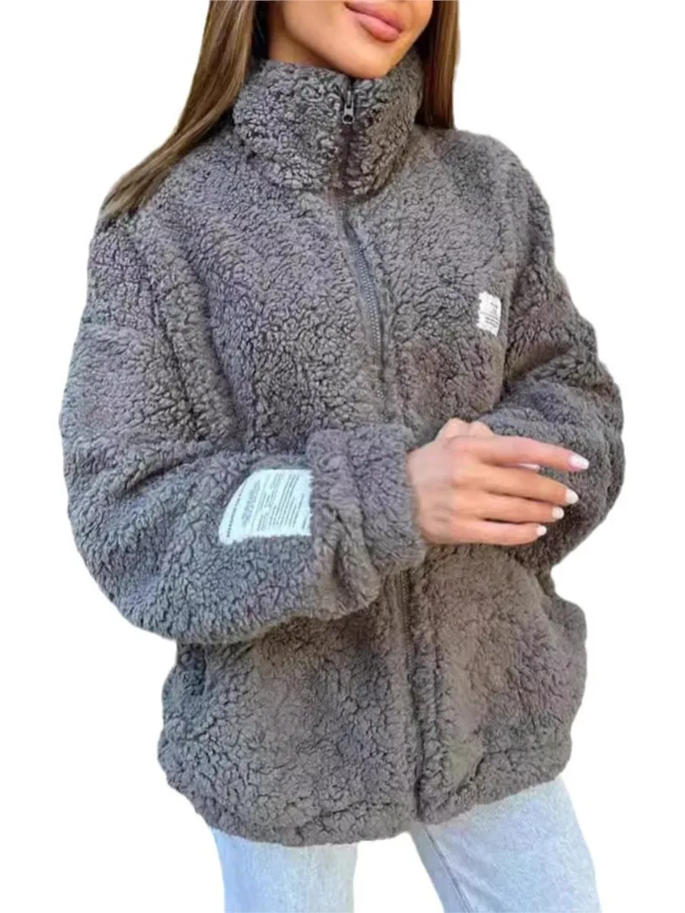 New Winter Warm Flip Collar Long Sleeve Outwears Fashion Solid Color Pocket Jacket Coats Loose Casual Furry Zipper Women's Coats