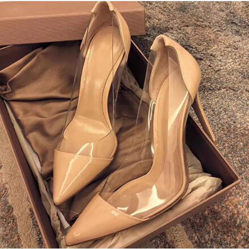 

Nude Patent Leather Transparent PVC Patchwork Pointed Toe Stiletto Pumps Ladies Shallow Slip On 8 10 12 CM Thin High Heel Shoes