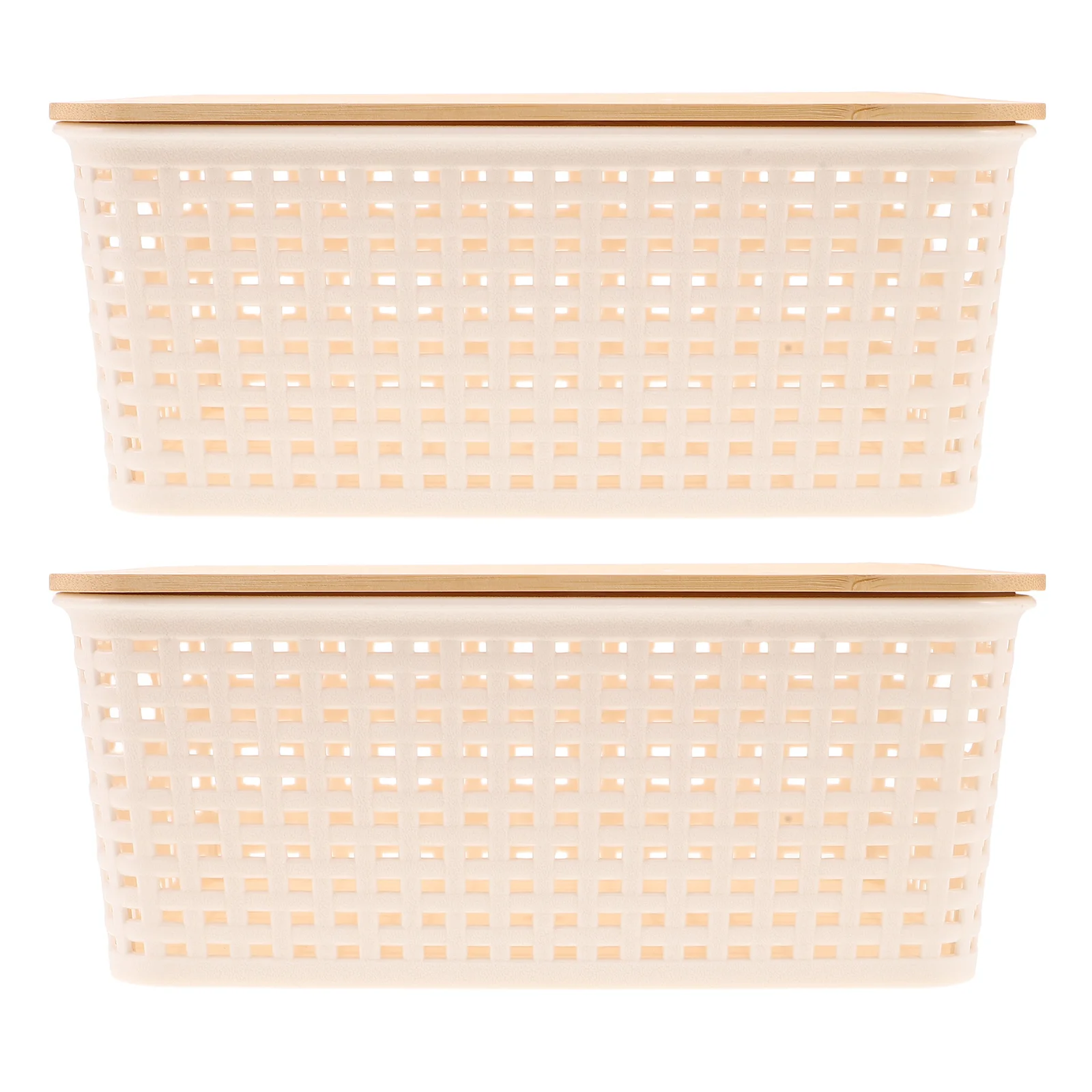 

2pcs Kitchen Countertop Organizer Plaid Imitation Rattan Storage Baskets With Bamboo Lid For Potato Onion Vegetable Storage