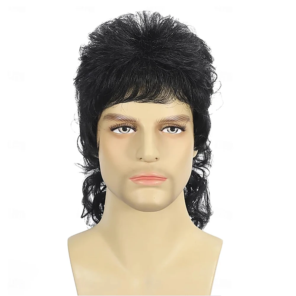 Synthetic Hair Wig Mullet Wig  Men Black Wigs 80s Curly Male Wig Halloween Costumes Punk Rocker Wig