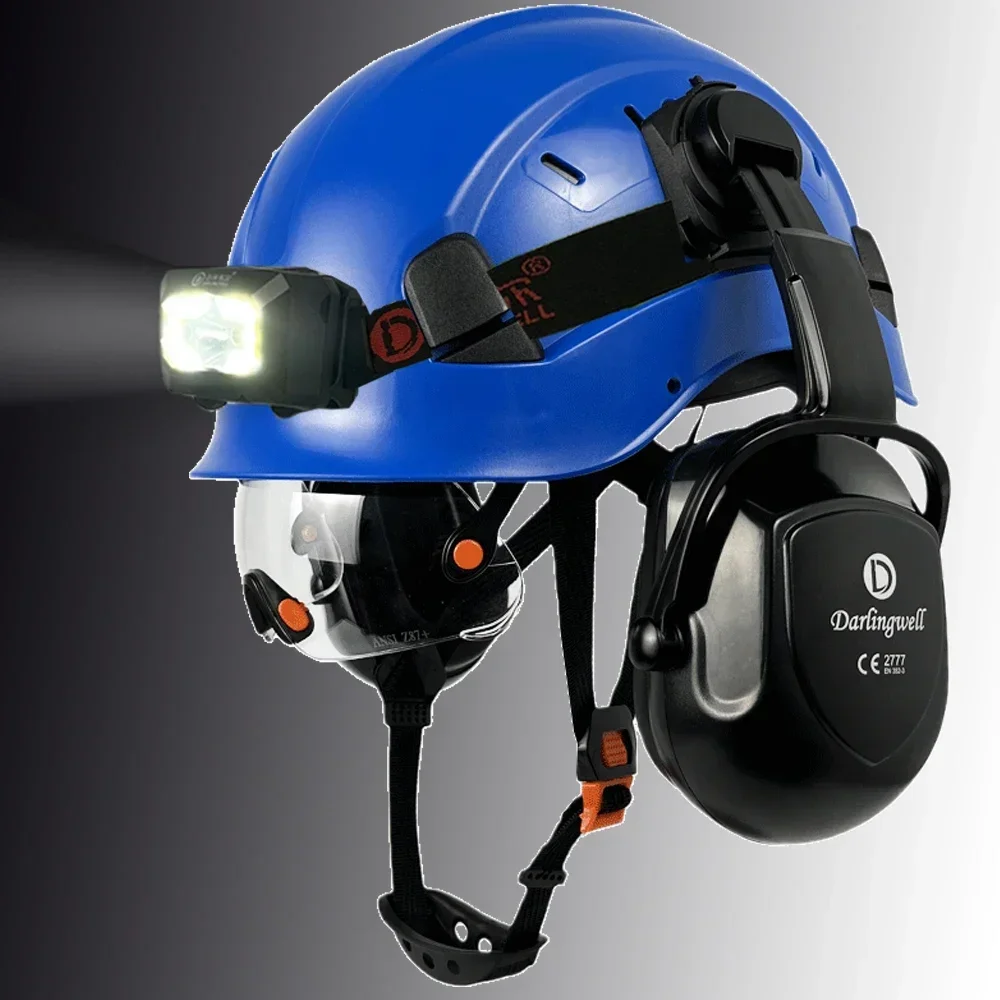 CE Construction Safety Helmet With Build-In Visor and Earmuff Led Light For Engineer Hard Hat ANSI Work Head Protection