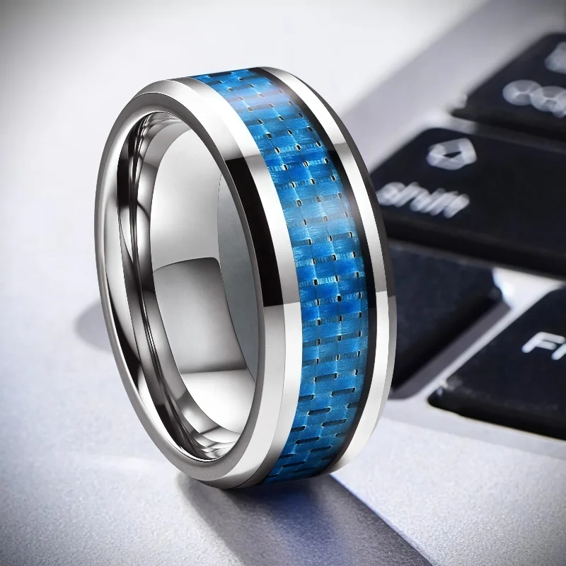 Blue Carbon Fiber Rings, Comfortable and Close Fitting Rings 8mm Men's Women's Silvery Stainless Steel Rings