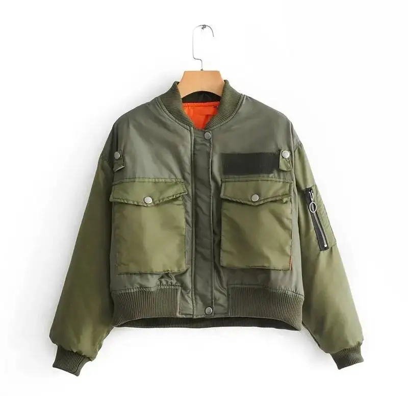 New Fashion Women Spring Autumn Solid Pilot Bomber Padded Jacket Famale Military Army Green Windbreaker Flight Baseball Coat
