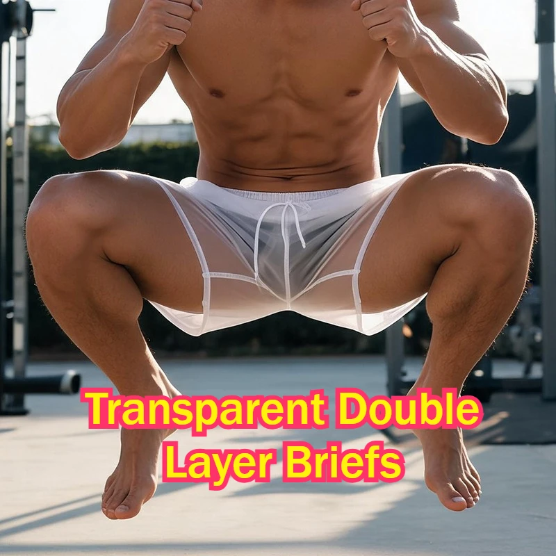 Men's Sexy See Through Double Layer Exercise Shorts Sun Protect Beach Style Swim Trunks 3XL Casual Waterproof Transparent Boxers