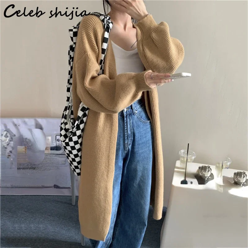 Khaki Long Knitted Cardigan Women Chic Autumn Winter Full-sleeve Elegant Woolen Cardigans Female Loose Warm Sweater Coat