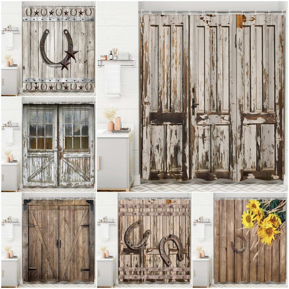 

Vintage Farm Shower Curtain, Barn Door Boardwalk Door Horseshoe Flower Wall Texture Bamboo Sunflower Home Bathroom Decoration