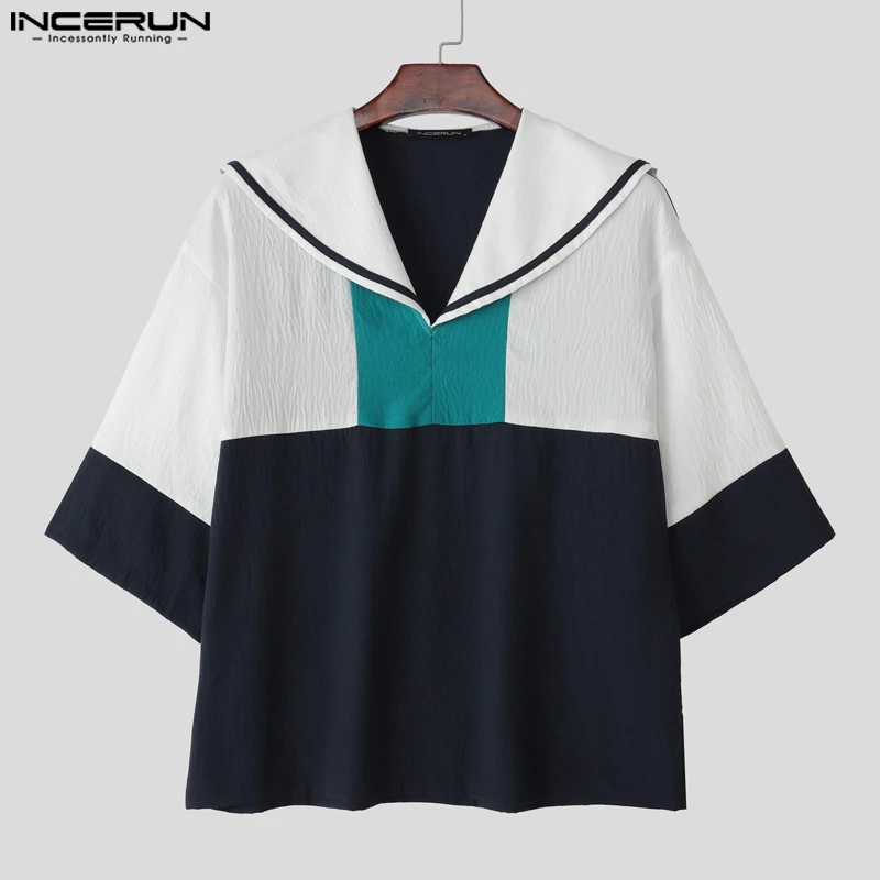 

INCERUN Мужская рубашка в стиле пэчворк, темно-синий воротник, половина рукава, корейский стиль, мужская одежда, свободная уличная одежда 2025 года, модные повседневные мужские рубашки