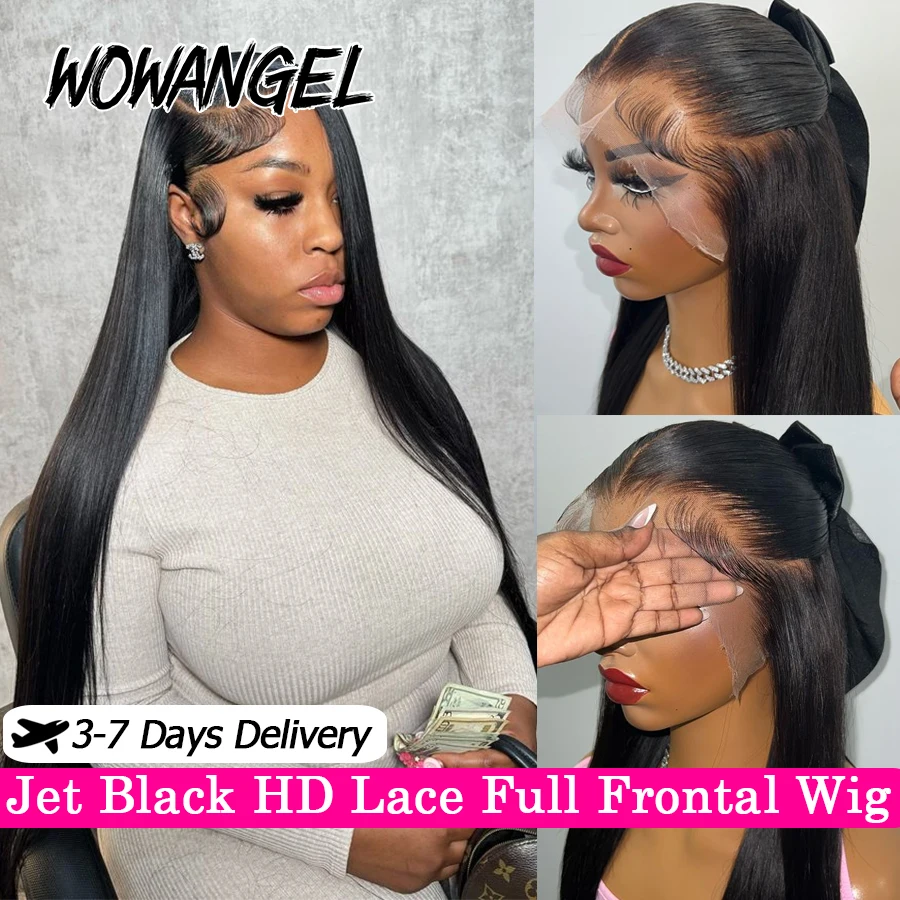 

WowAngel Jet Black 13x6 HD Lace Frontal Wigs 250% Straight Lace Front Human Hair Wigs Melt Skins Pre Plucked Brazilian Hair